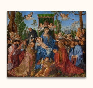 Albrecht Dürer's Das Rosenkranzfest - Virgin Mary and Christ Child with angels and devotees, hand-painted oil on canvas, artfully blending realism and symbolism.