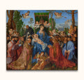 Albrecht Dürer's Das Rosenkranzfest - Virgin Mary and Christ Child with angels and devotees, hand-painted oil on canvas, artfully blending realism and symbolism.