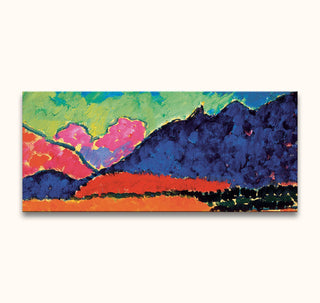 Panoramic abstract landscape by Alexei von Jawlensky, depicting a vibrant mountain scene with bold brushstrokes in vivid hues; ideal for modern art enthusiasts.