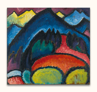 Abstract oil painting by Alexei von Jawlensky, Oberstdorf Berge, featuring vibrant, tactile brushstrokes with mountainous forms in rich blues, reds, and yellows.