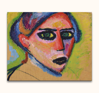 Portrait of a woman's head by Alexei von Jawlensky, rendered with bold brushstrokes and vibrant colors; oil painting ready to hang, perfect for modern art enthusiasts.
