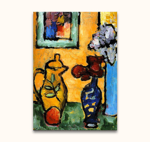 Hand-painted still life by Alexei von Jawlensky featuring a yellow pitcher, blue vase with red blooms, on green tabletop. Museum-quality oil on canvas.