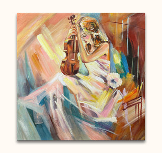 Anna Kirillovna Vasiltsjikova - De Violiste - Olieverf op canvas: Impressionistic painting of a woman with a violin in a flowing gown, showcasing movement and light.