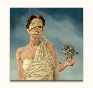 Vleugellam - Schilderij in de stijl van Ans Marcus: Woman in toga-like fabric with bird, surreal and impressionistic. Ready to hang, UV-protected, museum-quality canvas.