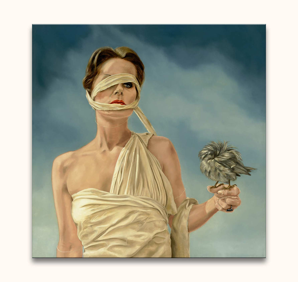 Vleugellam - Schilderij in de stijl van Ans Marcus: Woman in toga-like fabric with bird, surreal and impressionistic. Ready to hang, UV-protected, museum-quality canvas.