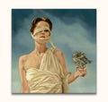 Vleugellam - Schilderij in de stijl van Ans Marcus: Woman in toga-like fabric with bird, surreal and impressionistic. Ready to hang, UV-protected, museum-quality canvas.