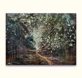 Anselm Kiefer's Waldsteig impasto-style landscape painting features a textured forest path, capturing modern art's depth and vibrancy.