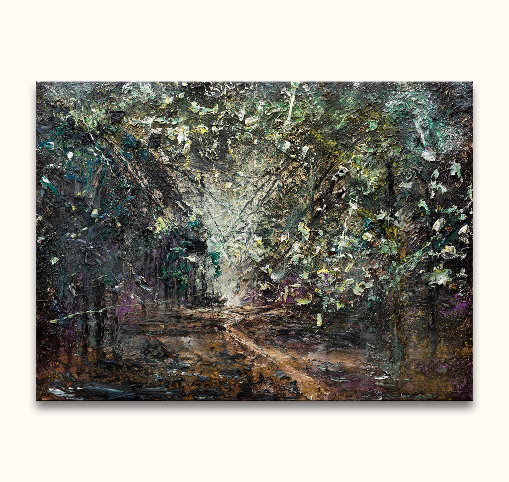 Anselm Kiefer's Waldsteig impasto-style landscape painting features a textured forest path, capturing modern art's depth and vibrancy.
