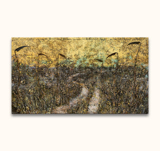 Anselm Kiefer's Aus Herzen und Hirnen spriessen die Halme der Nacht: a textured, surreal landscape panel with winding path and celestial backdrop.