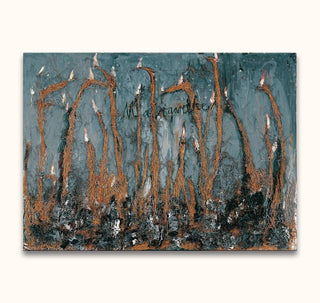 Anselm Kiefer's Margarethe features fibrous strands in slate-gray, resembling blooming seed pods, with textured black and white impasto below, evoking an abstract landscape.