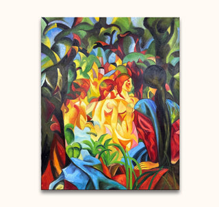 August Macke's Badende Meisjes: a hand-painted, cubist-inspired artwork featuring a clothed figure and three nude women amidst a vivid, abstract landscape.