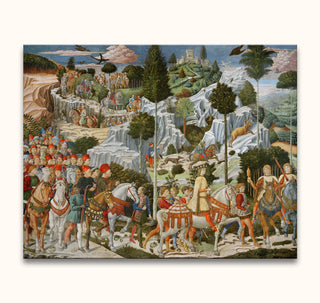 Benozzo Gozzoli's De Reis van de Wijzen naar Bethlehem features richly dressed figures on horseback amid a lush, fantastical landscape, embodying Renaissance elegance.