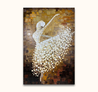 Blooming Ballerina – Dikke olieverf op canvas: A hand-painted abstract figure of a dancer, with thick white brushstrokes against a textured mosaic-like background, capturing elegance and motion.