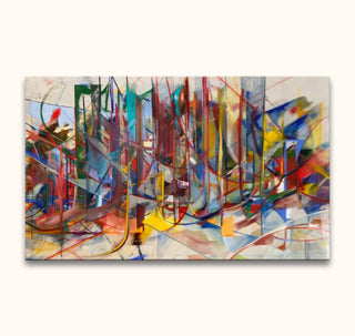 Blooming City - Olieverf op canvas: Abstract painting with dynamic lines and colorful brushstrokes, exploring depth and movement. Ideal for modern art enthusiasts.