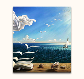 Surreal oil painting Book to Birds with Salvador Dali signature; pages morph into birds above a seaside table with seashells.
