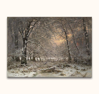Winter woodland scene oil painting by Louis Apol, 'Bos bij Winter' (112x80,8cm). Features a snow-covered forest, stream, and birds. Ideal for classic art lovers.