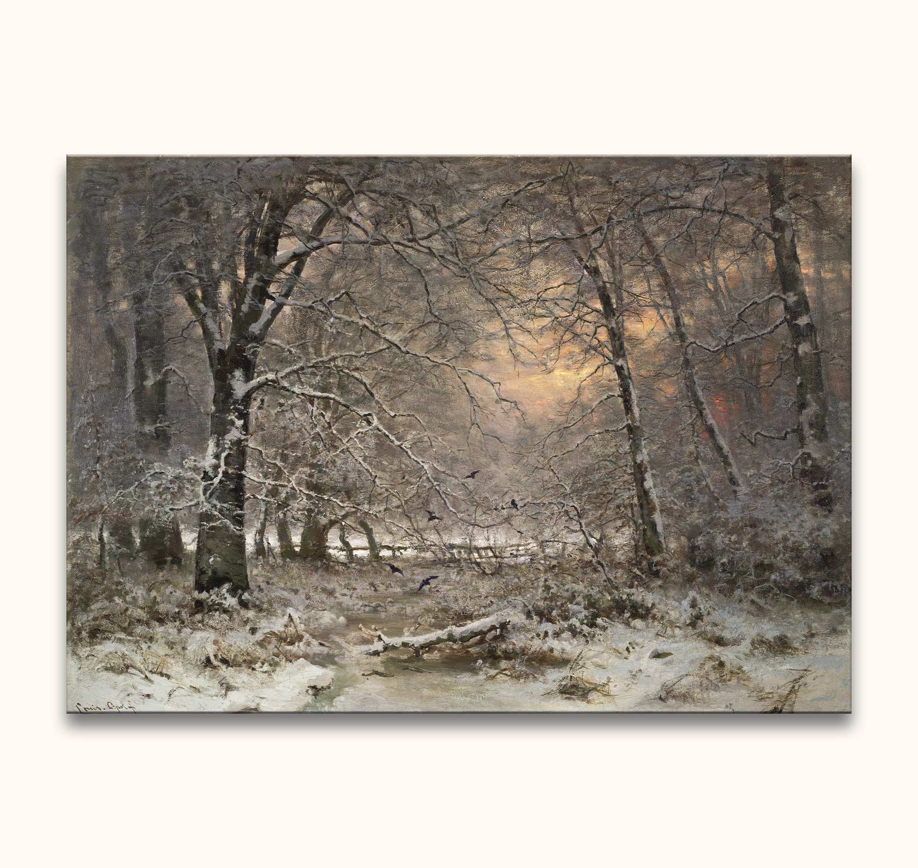Winter woodland scene oil painting by Louis Apol, 'Bos bij Winter' (112x80,8cm). Features a snow-covered forest, stream, and birds. Ideal for classic art lovers.