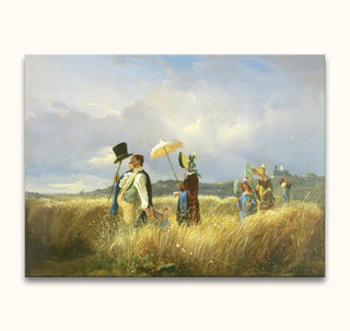 Carl Spitzweg's Sonntagsspaziergang: Figures in 19th-century attire stroll through a grain field with parasols. Hand-painted oil on museum-quality canvas, ready to hang.