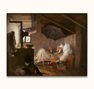 Carl Spitzweg's Der Arme Poet depicts an elderly gentleman reading in a cozy attic room, surrounded by books and personal items, capturing a 19th-century genre scene.