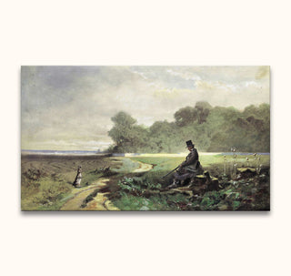Carl Spitzweg's 19th-century-style painting Der Sonntagsjäger: A gentleman with a shotgun observes a hare in a plowed field. Hand-painted oil on canvas.