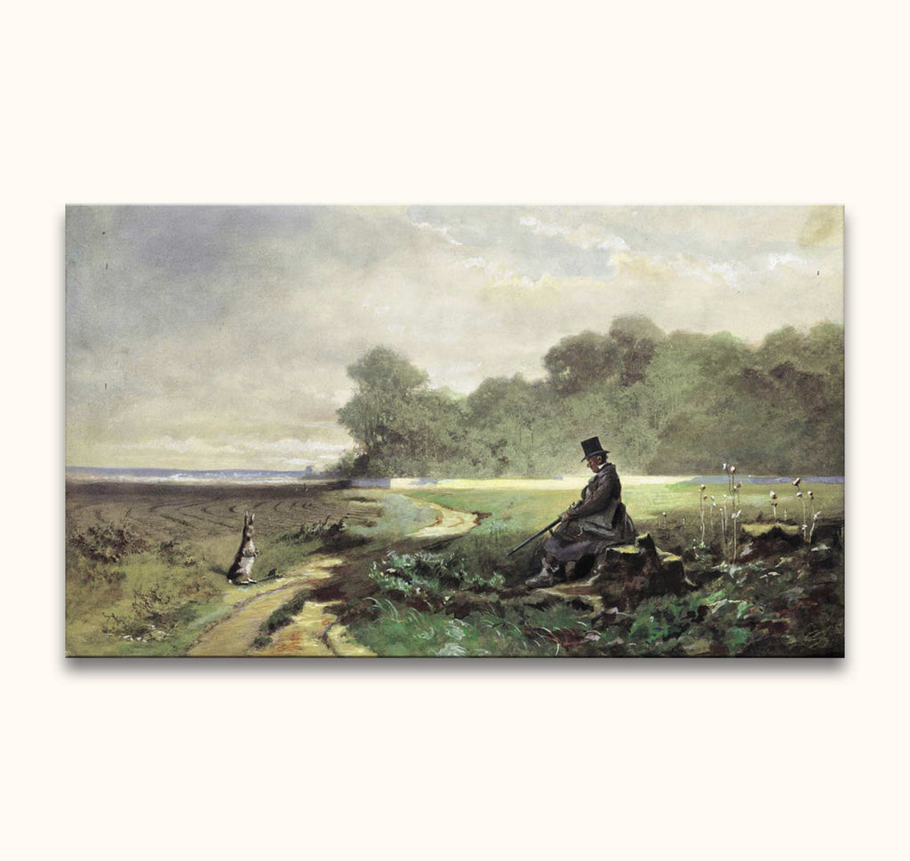 Carl Spitzweg's 19th-century-style painting Der Sonntagsjäger: A gentleman with a shotgun observes a hare in a plowed field. Hand-painted oil on canvas.