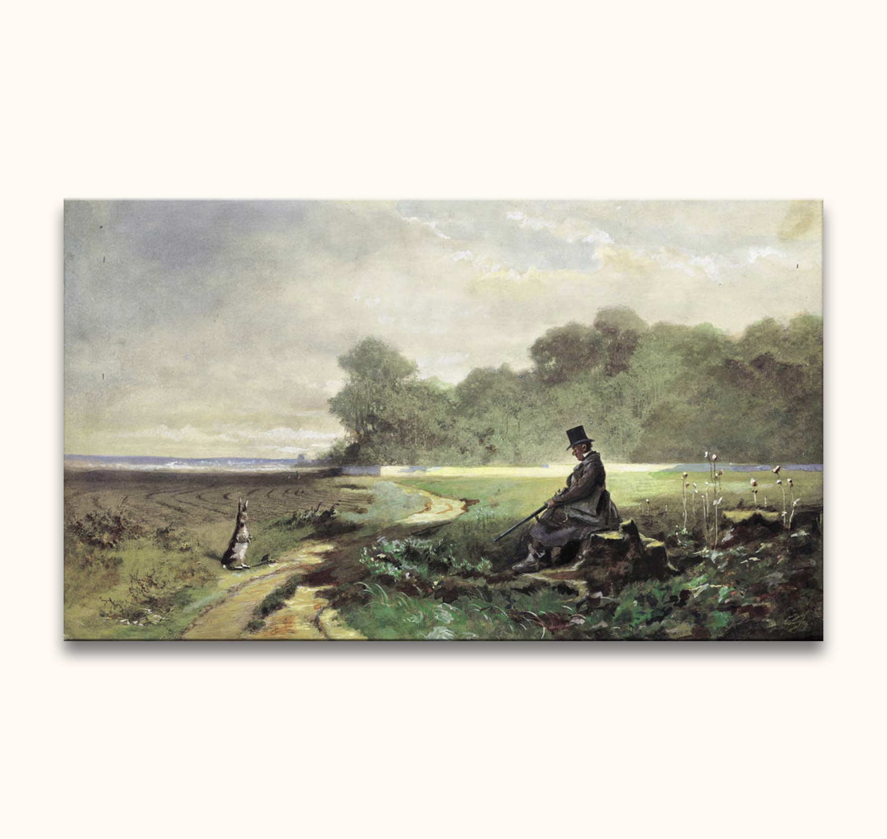 Carl Spitzweg's 19th-century-style painting Der Sonntagsjäger: A gentleman with a shotgun observes a hare in a plowed field. Hand-painted oil on canvas.