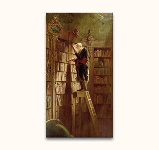 Carl Spitzweg's Der Bücherwurm: An older gentleman reads atop a library ladder, surrounded by towering bookshelves, embodying classic scholarship in oil painting.