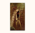 Carl Spitzweg's Der Bücherwurm: An older gentleman reads atop a library ladder, surrounded by towering bookshelves, embodying classic scholarship in oil painting.