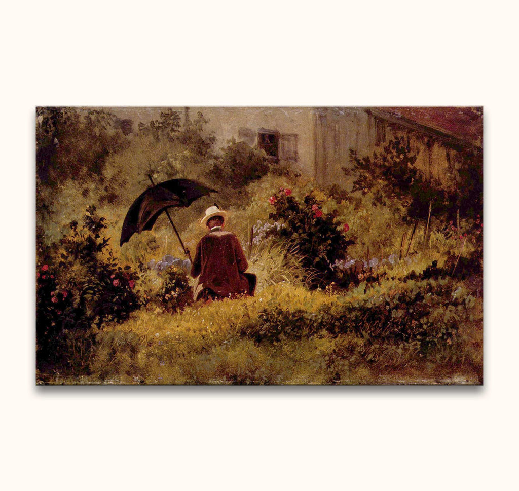 Carl Spitzweg's Deutsche Romantik: A lone figure in a sunlit garden, embodying 19th-century charm and contemplation. Hand-painted, ready to hang, UV-protected.