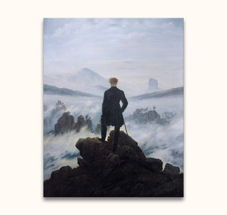 Caspar David Friedrich's Der Wanderer über dem Nebelmeer: A lone figure on a rock gazes over misty peaks, hand-painted oil on canvas, ready to hang.