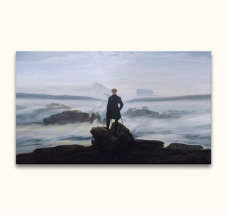 Caspar David Friedrich's Der Wanderer über dem Nebelmeer painting, hand-painted on canvas, featuring a lone figure overlooking a foggy mountain landscape.