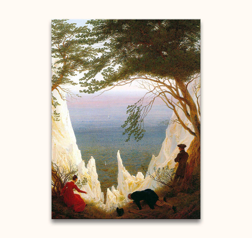 Caspar David Friedrich's Kreidefelsen auf Rügen - three figures on a chalk cliff, overlooking a serene sea. Hand-painted oil on museum-quality canvas.