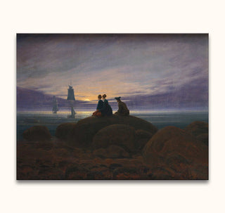 Caspar David Friedrich's Mondaufgang am Meer depicts three figures on seaside boulders at dusk, gazing at sailing vessels. Hand-painted oil on high-quality canvas.