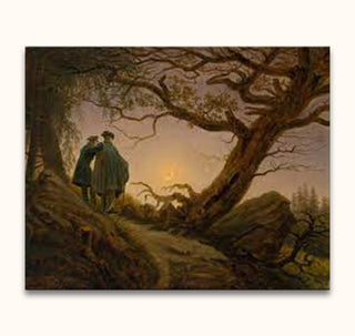 Caspar David Friedrich's Zwei Männer in Betrachtung des Mondes painting, showcasing two figures under gnarled trees, contemplating the horizon, hand-painted on museum-quality canvas.