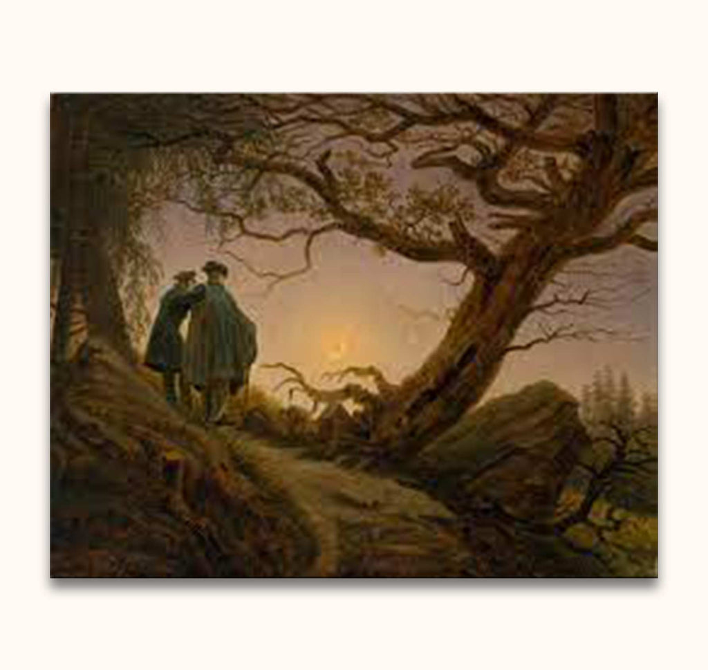 Caspar David Friedrich's Zwei Männer in Betrachtung des Mondes painting, showcasing two figures under gnarled trees, contemplating the horizon, hand-painted on museum-quality canvas.