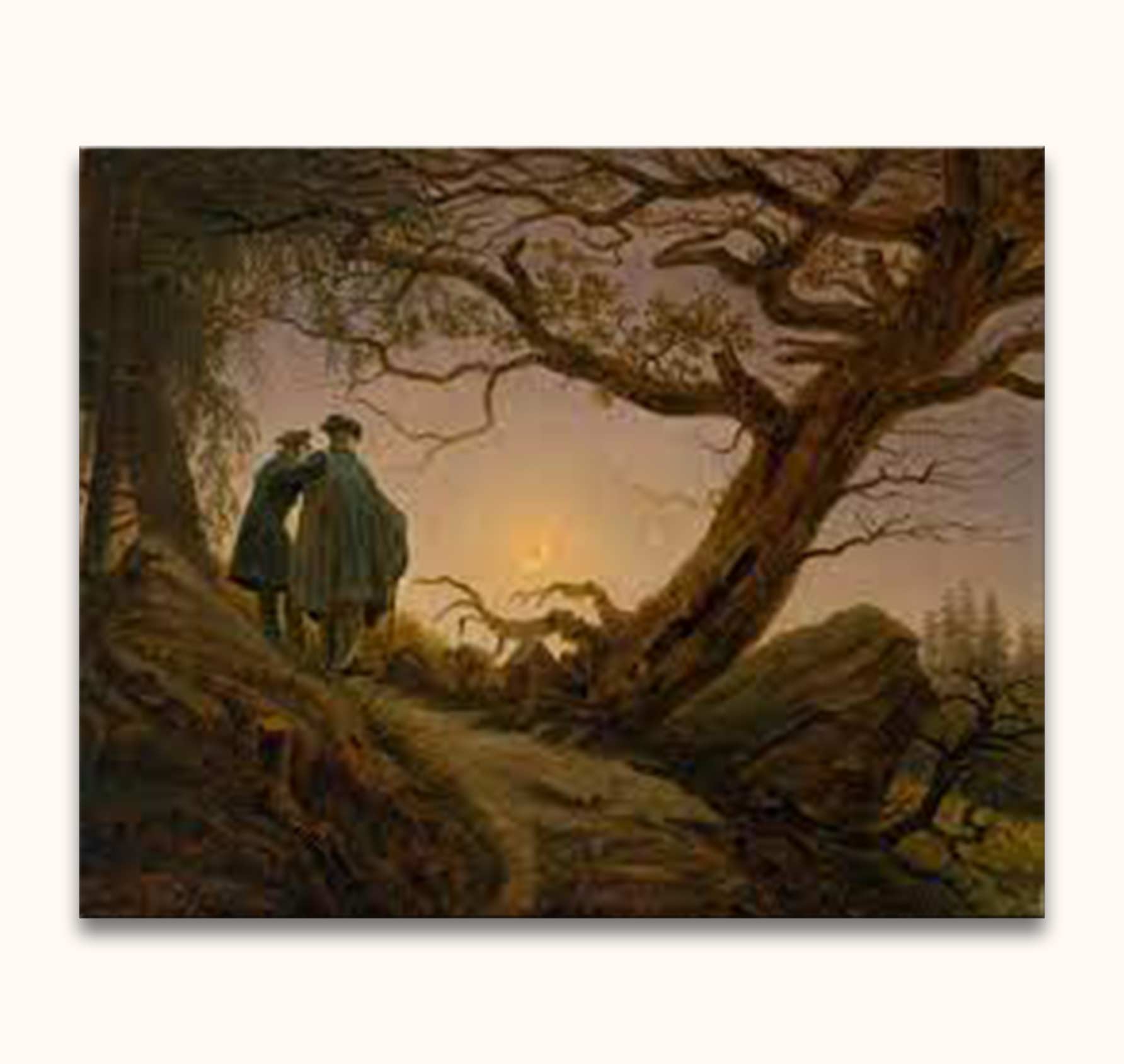 Caspar David Friedrich's Zwei Männer in Betrachtung des Mondes painting, showcasing two figures under gnarled trees, contemplating the horizon, hand-painted on museum-quality canvas.