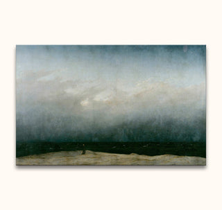 Caspar David Friedrich - Der Mönch am Meer: Hand-painted oil artwork depicting a solitary figure on a vast, brooding seascape under a moody sky.