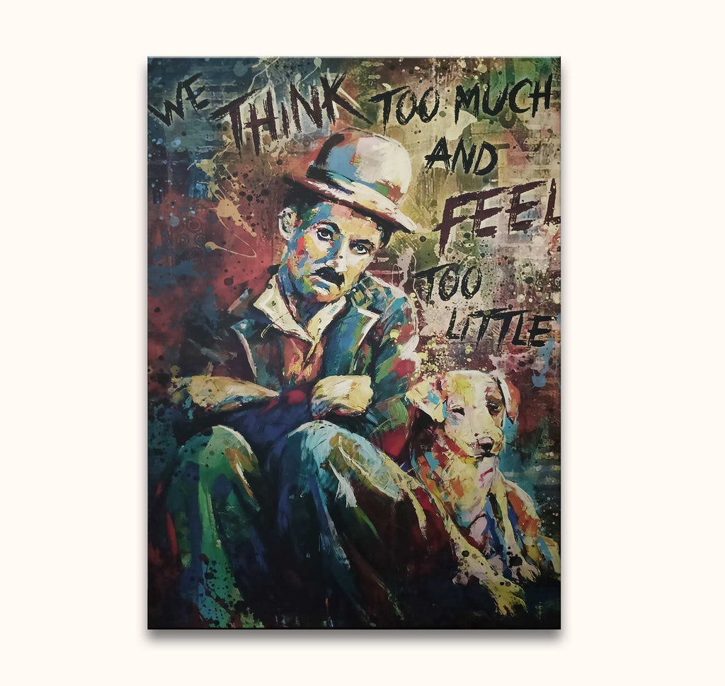 Charley Chaplin in vintage attire with a dog, set against a splatter-style canvas with bold text. Hand-painted pop art oil painting on canvas.