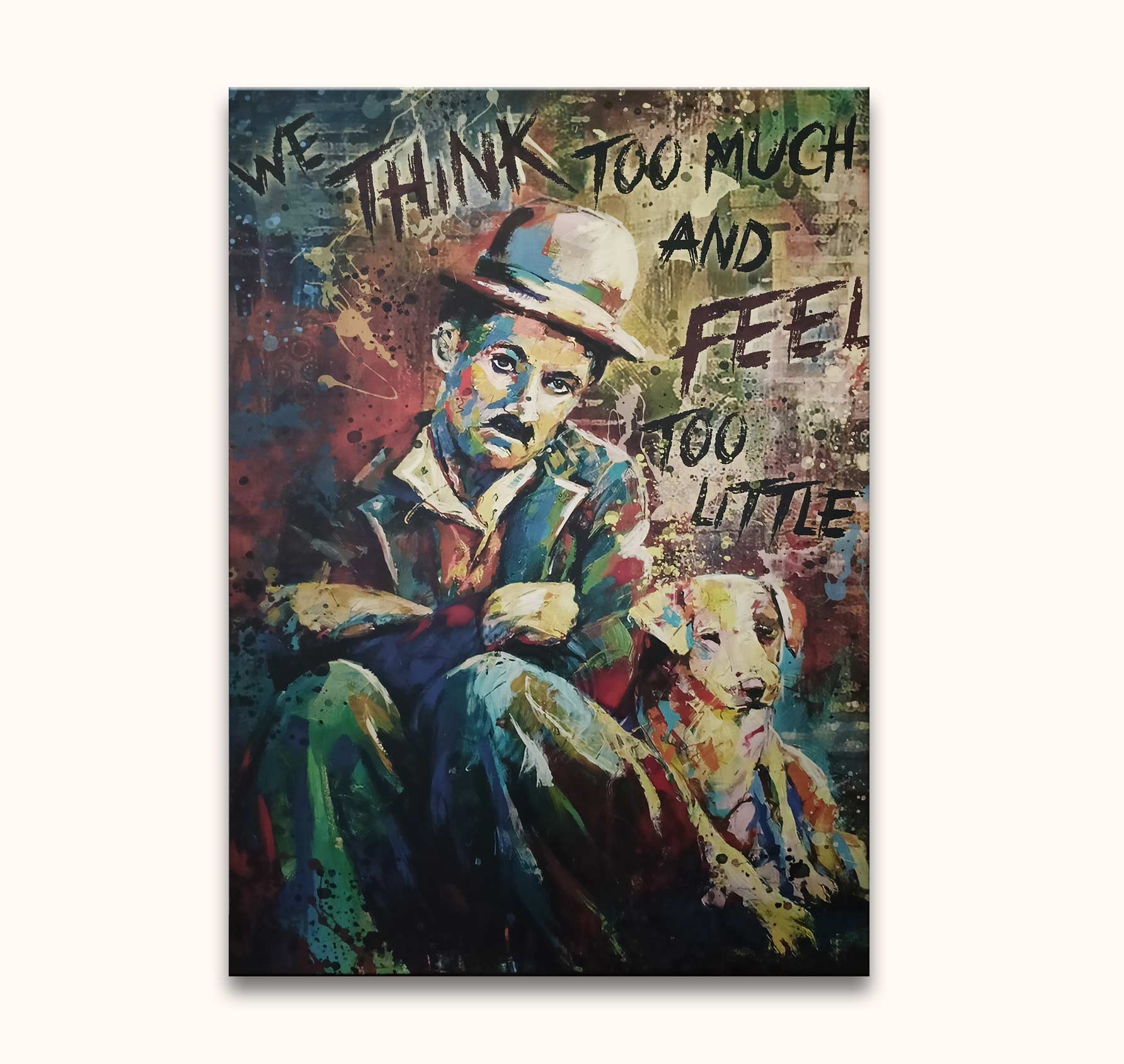 Charley Chaplin in vintage attire with a dog, set against a splatter-style canvas with bold text. Hand-painted pop art oil painting on canvas.