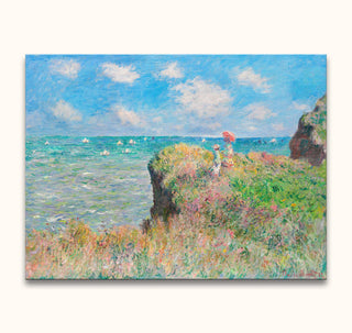 Claude Monet’s Cliff Walk at Pourville: Two figures on a sunlit grassy cliff overlook a sailboat-dotted sea, capturing Impressionist beauty. Hand-painted, ready to hang.