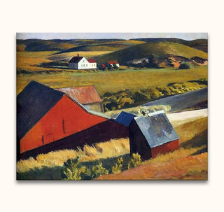 Edward Hopper's 'Cobbs Barns and Distant Houses' depicts rural barns and a farmhouse amidst rolling fields, exemplifying modern realist art.