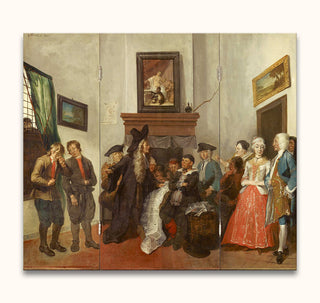 Cornelis Troost's triptych Beslikte Swaantje depicts a theatrical 18th-century will reading scene with mourners, onlookers, and a lawyer. Hand-painted, baroque style.