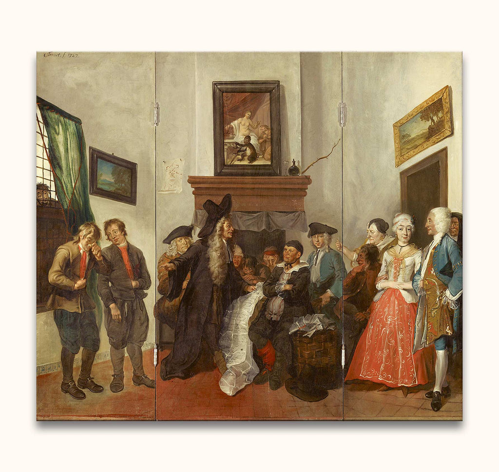 Cornelis Troost's triptych Beslikte Swaantje depicts a theatrical 18th-century will reading scene with mourners, onlookers, and a lawyer. Hand-painted, baroque style.