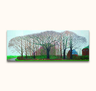 David Hockney's Bigger Trees Near Warter oil painting depicts a serene tree canopy over a country lane, with red buildings peeking through, evoking modern impressionist style.