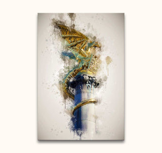 De Draak van Den Bosch - Olieverf op canvas: A golden dragon spirals around a classical column, rendered in expressive watercolor style, perfect for modern art enthusiasts.