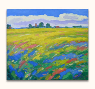 Dirk Beintema's Korenvelden bij Finkum – impressionistic landscape with vivid fields, distant buildings, and sky. High-quality oil on canvas, ready to hang.