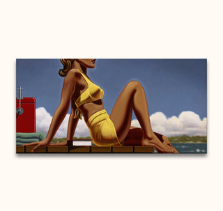 Kenton Nelson - Dockside: A woman in a retro swimsuit lounges on a dock with a red cooler and book nearby. Hand-painted pop art on high-quality canvas.