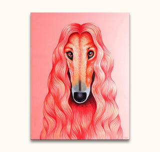 Afghaanse Windhond - Olieverf op canvas: Impressionistic portrait of a long-haired Afghan hound with flowing fur, hand-painted on a pale pink canvas, ready to hang.