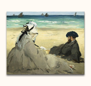 Édouard Manet's On the Beach: Two figures on a sandy shore, sea view with sailboats. Hand-painted, impressionist oil painting, ideal for classic art lovers.