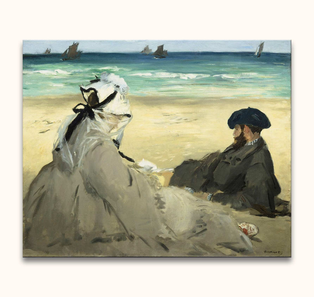 Édouard Manet's On the Beach: Two figures on a sandy shore, sea view with sailboats. Hand-painted, impressionist oil painting, ideal for classic art lovers.